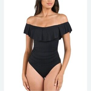 La Blanca Island Goddess Off Shoulder Ruffle One Piece Swimsuit In Black Sz 10 N